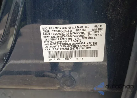 2011 Honda Pilot Ex-L z USA, uszkodzony, nr VIN 5FNYF4H65BB001778